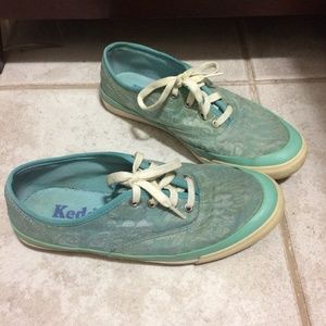 Women’s Keds Aqua Blue-Green Running Shoes Canvas-Style Patterned Shiny Floral